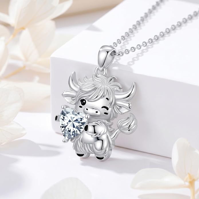 PELOVNY Teddy Bear Necklace for Women 925 Sterling Silver Bear/Highland Cow/Fox/Cat/Axolotl Birthstone Necklace Christmas Birthday Jewelry Gifts for Mom Daughter Wife Sister