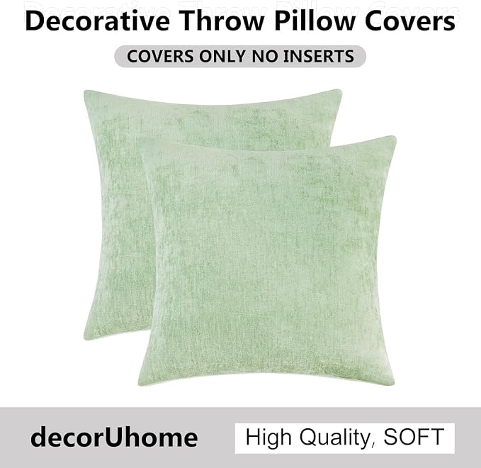 decorUhome Soft Chenille Sage Green Throw Pillow Covers 26X26 Set of 2 | Decorative Fall Couch Pillow Covers Solid Dyed Accent Modern Euro Sham Farmhouse Neutral Square Pillow Cases for Sofa
