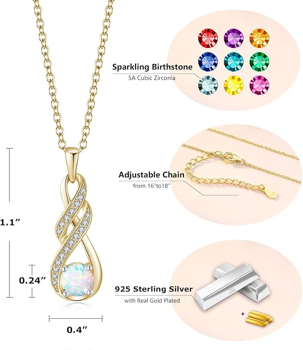 Birthstone Necklaces for Women 925 Sterling Silver Infinity Pendant Created Gemstone Jewelry for Her, 16"+2"