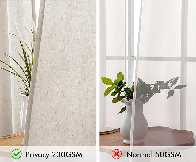 MIULEE Non-See-Through Privacy Linen Curtains 52W x 63L Inch Linen | 2 Panels, Light Filtering, Semi Sheer Window Curtains, Farmhouse Textured, Back Tab Drapes for Bedroom Living Room