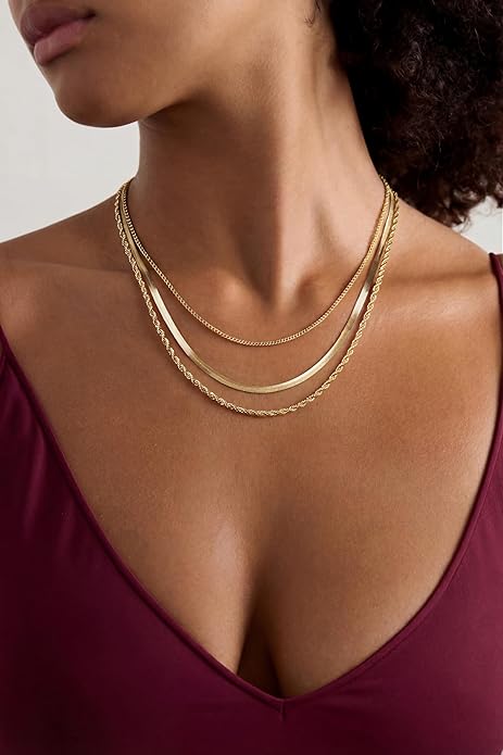 Freekiss Women's Layered Necklace Set - 3 Piece Dainty Gold Jewelry for Everyday Stacking | 14K Gold Plated Snake Chain, Rope Chain, Cuban Chain | Adjustable Length 14-18.5 Inch | Gift Ready