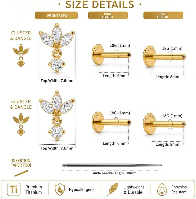 YACHY G23 Titanium Flat Back Stud Earrings, Internally Threaded Screw-On Hypoallergenic Body Piercing Jewelry for Everyday Wear, Tragus Helix Conch Monroe Medusa Lip, 18G 6mm 8mm