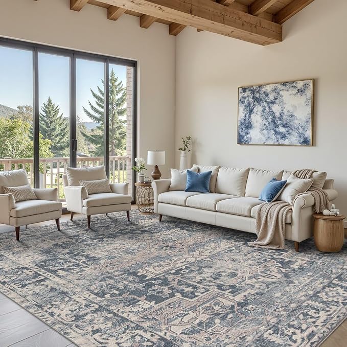 Rugxara Blue 8x10 Area Rugs for Living Room Bedroom Large Washable Rug | Non Slip, Rug for Dining Room Office Kids Room, Stain Resistant, Soft, Low Pile, Vintage Boho Retro Carpet,Home Decor