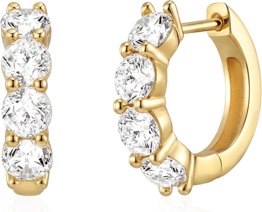 ASHINE 14K Gold Plated 925 Sterling Silver Post Pave Cubic Zirconia Hoop Cuff Huggie Earrings Jewelry for Women Girls