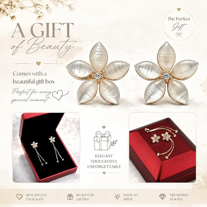 14K Gold Plated Flower Dangle Earrings for Women, Hypoallergenic Cubic Zirconia Long Threader Chandelier Earrings, Elegant Crystal Jewelry for Wedding Bridal Prom Party Gifts