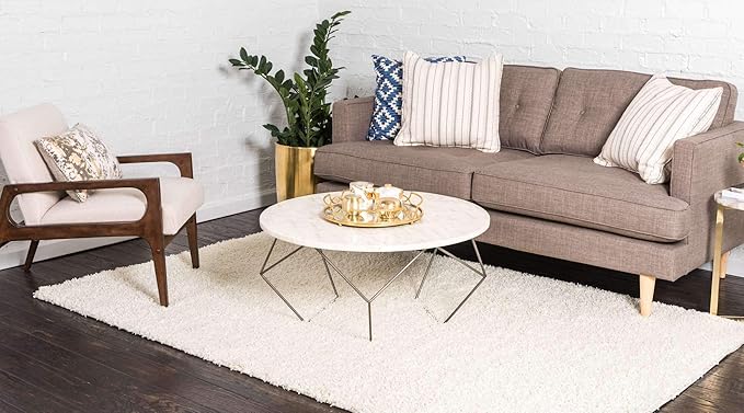Unique Loom Solid Shag Collection Area Rug (8' x 11' Rectangle, Pure Ivory) | Modern Solid rug, stain and water resistant, doesn't shed, easy to clean, kid and pet friendly. Ideal for the living room.
