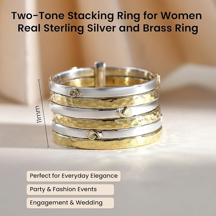PHNX Two-Tone Stacking Ring for Women | Real Sterling Silver Ring| Hammered Finish Design | Elegant Boho Chic Jewelry | Perfect for Daily Wear, Special Occasions