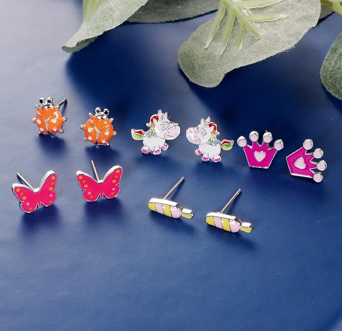 33 Pairs Stainless Steel Cartoon Earrings for Girls - Hypoallergenic Colorful Stud Earing Set, Mix & Match Cute Earring for Teens, Kids, Doll Dressup Accessories