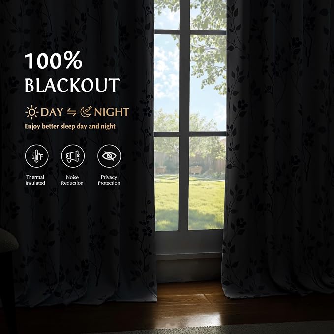 Beauoop Floral 100% Blackout Curtains for Bedroom Blue Grey 52X63 2 Panels | Flower Patterned Blue White Room Darkening Drapes for Living Room Thermal Insulated Soundproof Window treatment Grommet