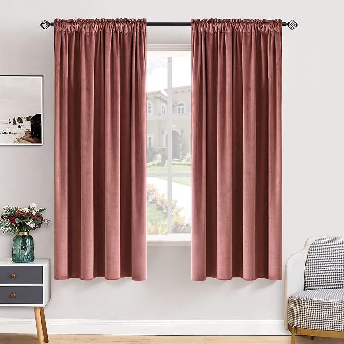 MIULEE Dusty Rose Pink Blackout Velvet Curtains Drapes 63 Inch Long 52"x63" | Luxurious Bedroom Living Room Decor, Room Darkening, Thermal Insulated, Rod Pocket Design, Super Soft Fabric