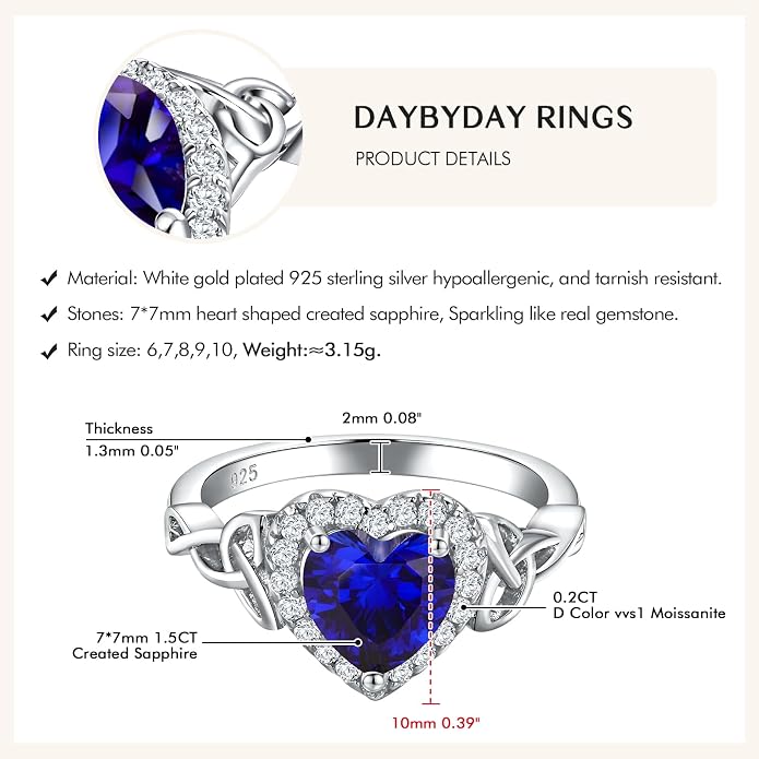 DAYBYDAY Celtic Birthstone Rings for Women 925 Sterling Silver Heart/Round/Pear/Oval Created Gemstone Moissanite Halo Engagement Promise Rings for Her Wife Birthday Anniversary Wedding Jewelry