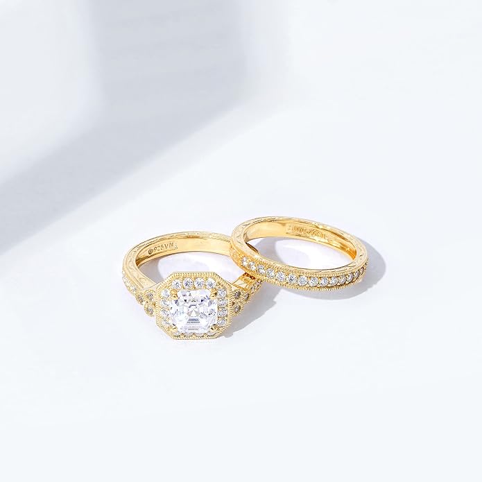 Amazon Essentials Platinum or Gold Plated Sterling Silver Antique Ring set with Asscher-Cut Infinite Elements Cubic Zirconia