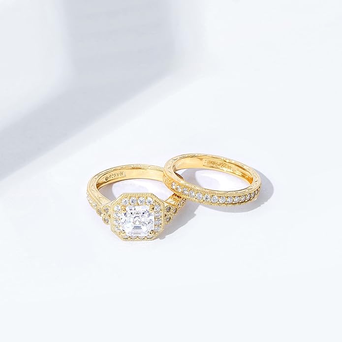 Amazon Essentials Platinum or Gold Plated Sterling Silver Antique Ring set with Asscher-Cut Infinite Elements Cubic Zirconia