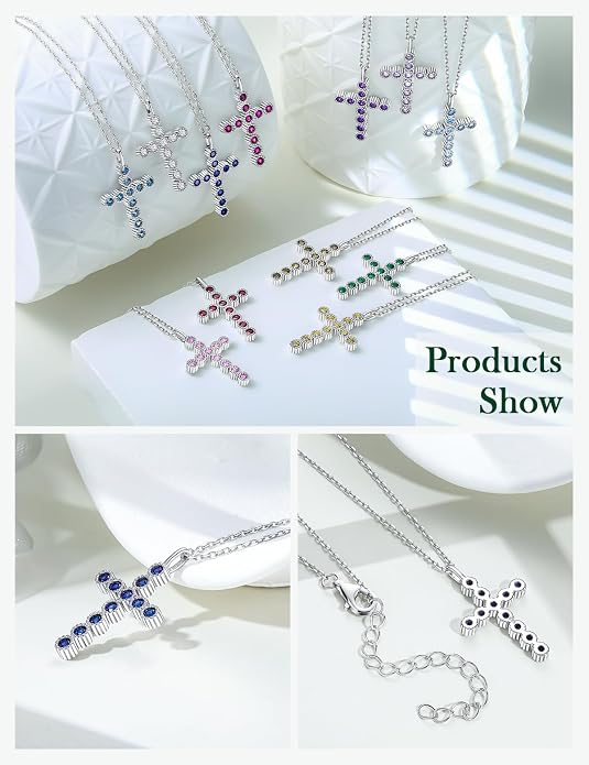 Sterling Silver Cross Necklace for Women Birthstone Religious Jewelry