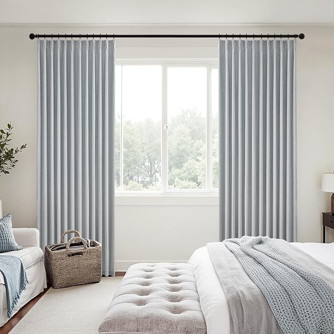MIULEE Grayish Blue Pinch Pleated 100% Blackout Linen Curtains 108 Inch Long 2 Panels Set, Black Out Memory Trained Pleat Curtains Light Blocking Room Darkening Drapes for Bedroom Living Room Window
