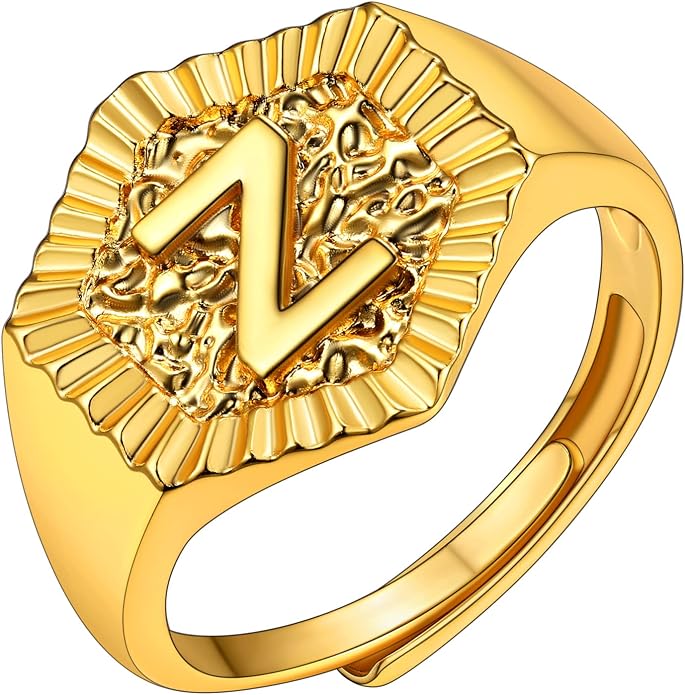 KeyStyle Bold Initial Letter Rings Adjustable, GoldChic Jewelry Women Gold Statement Ring Personalized Engraved Women’s Open Signet Ring for Party (Gold, White Gold, Black)
