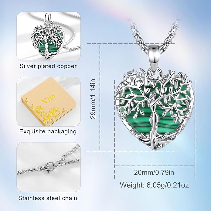 Vito Tree of Life Necklace for Women Men, Silver Plated Copper Teardrop Moonstone/Obsidian/Turquoise/Amethyst/Malachite Crystal Tree Necklace Protection Energy Amulet Jewelry Gift for Mom Wife, 20+2"