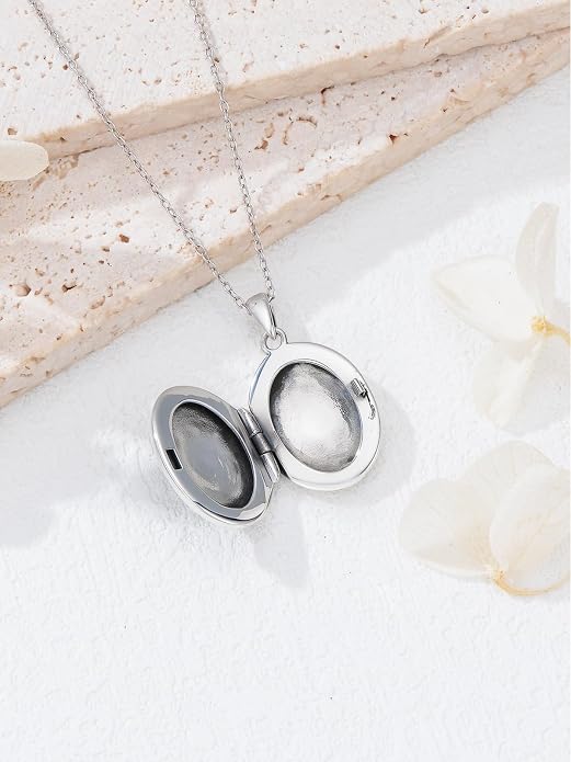 Locket Pendant Necklace for Women, 925 Sterling Silver Dainty Photo Necklace, Christmas Valentine's Day Mother's Day Memorial Jewelry Gifts (With Gift box)