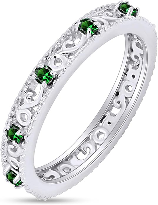 Jewel Zone US Filigree Eternity Wedding Band Ring for Women, Round Cut Simulated Gemstone Stackable Promise Ring in 14K Gold Plated 925 Sterling Silver Band Width 3.5mm – Elegant Jewelry for Her