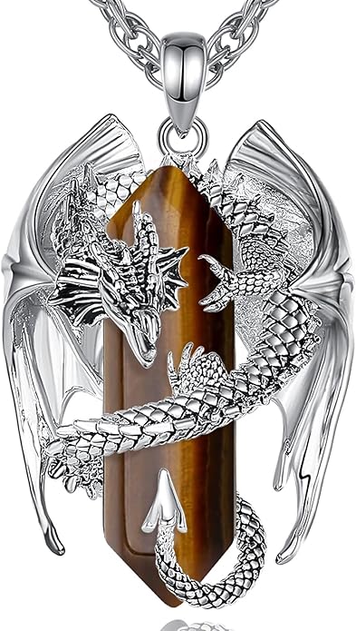 INFUSEU Unique Dragon Necklaces with Healing Crystal Stone for Men Women, Personalized Spiritual Gifts, 24 Inch Chain
