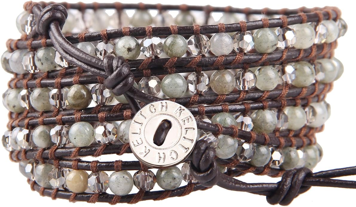 KELITCH Pearl Crystal Beads Bracelets Handmade Natural Leather 5 Wrap Bracelet for Women Classic Bangle Jewelry