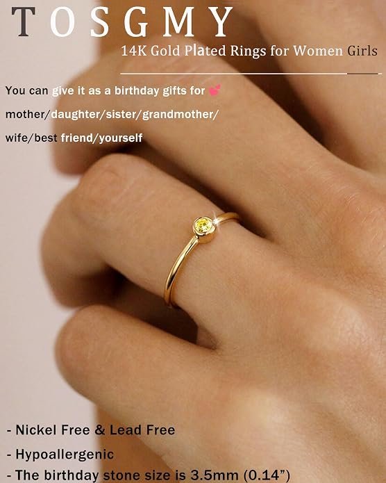 Birthstone Rings for Women Non Tarnish 14K Gold Plated Sterling Silver Stackable Birthday Gifts for Mom Dainty Emerald Green Blue CZ Gemstone Ring for Mothers Daughter Bridesmaid Gifts Jewelry