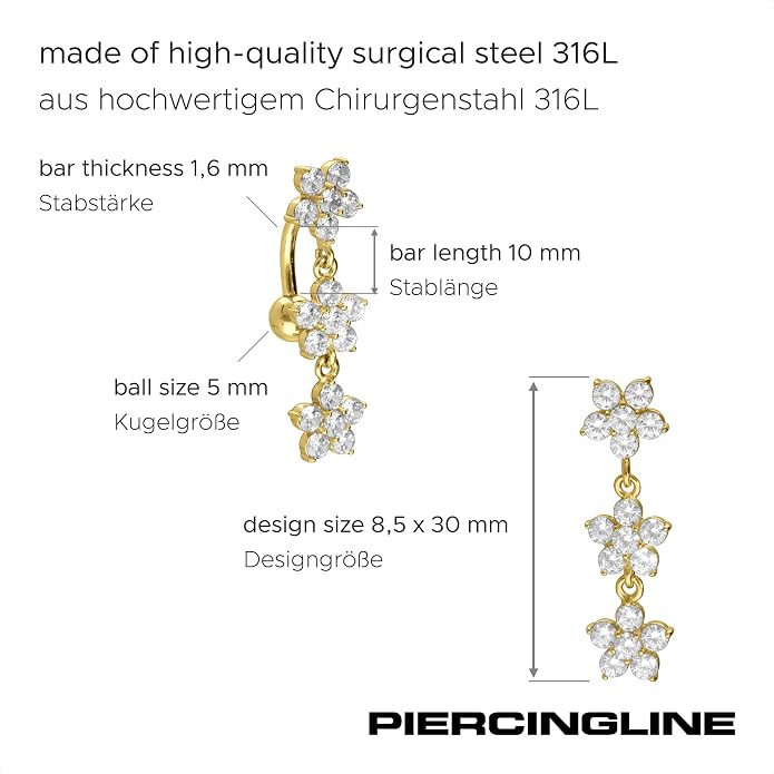 PIERCINGLINE surgical steel dangle belly button piercing with 3 crystal flowers - belly button ring surgical steel, gold, silver, rosegold piercing - new version with improved durability