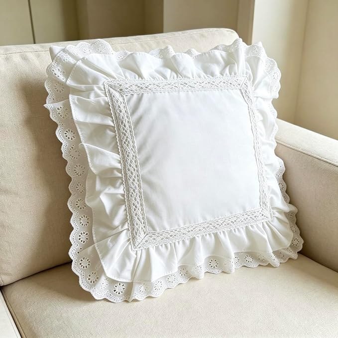 Zinowas20x20 White Ruffle Throw Pillow Covers Set of 2 Lace Pillow Shams 100% Cotton Handmade Pillowcase with Ruffles Decorative Decorative Ruffle Pillow Covers