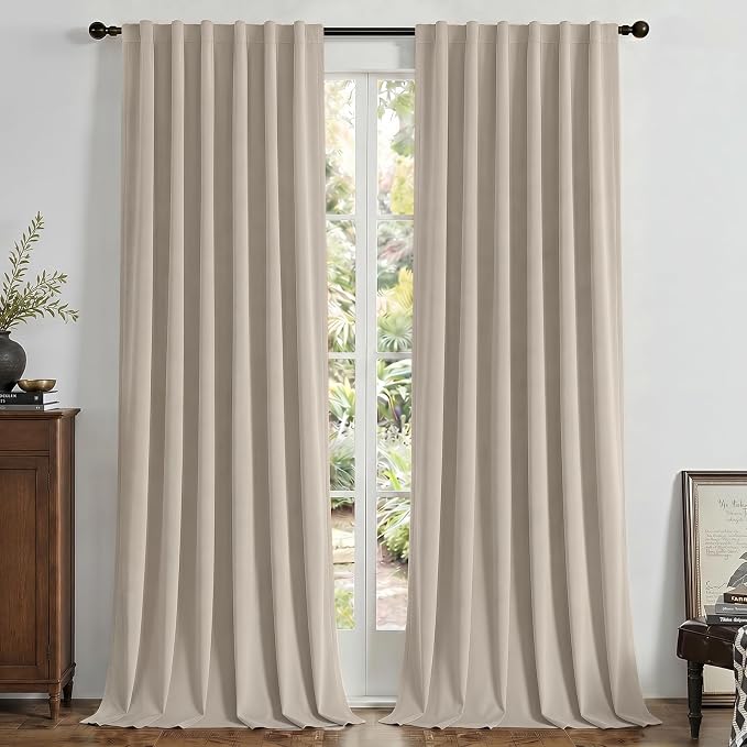 Joydeco 100% Blackout Velvet Curtains Light Beige 102 Inch Back Tab | Luxury Thermal Insulated Velvet Curtains for Bedroom Living Room, Soundproof Blackout Window Drapes