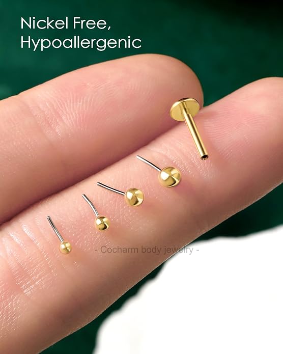 COCHARM 14K Solid Gold Helix Cartilage Tragus Earring Stud 16g Yellow Gold Threadless Tragus Cartilage Helix Conch Piercing Jewelry Flat Back Lip Labret Medusa Monroe Piercing Stud