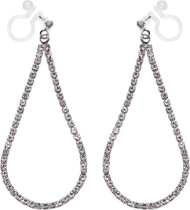 Dangle Silver Invisible Clip On Earrings for Women Not Pierced Gold Crystal Rhinestone Comfortable Hoop Fringe Long Chain Clip On Earrings