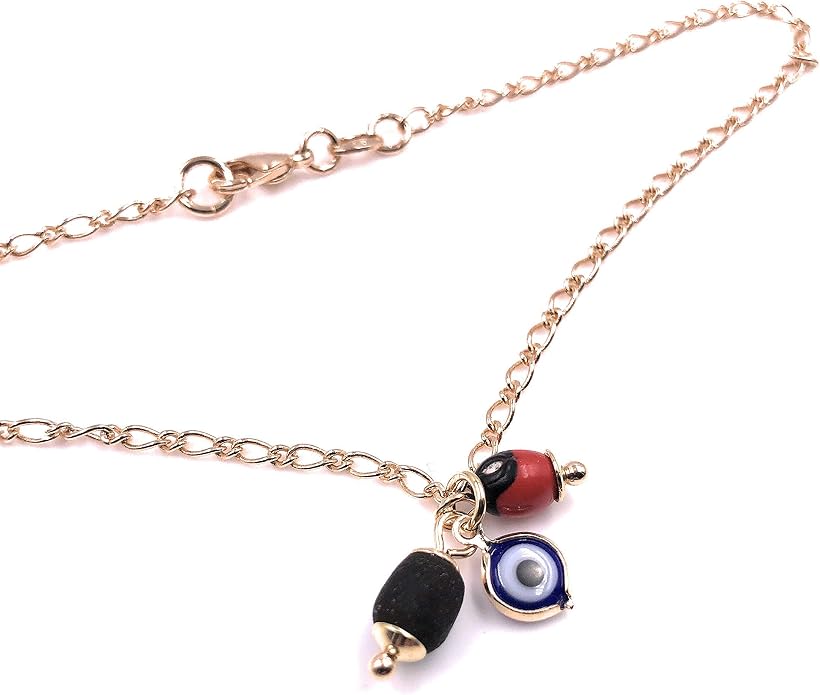 SIFRIMANIA Anklets for Women 18K Gold Plated Figaro Chain Jet Stone and Evil Eye Charm
