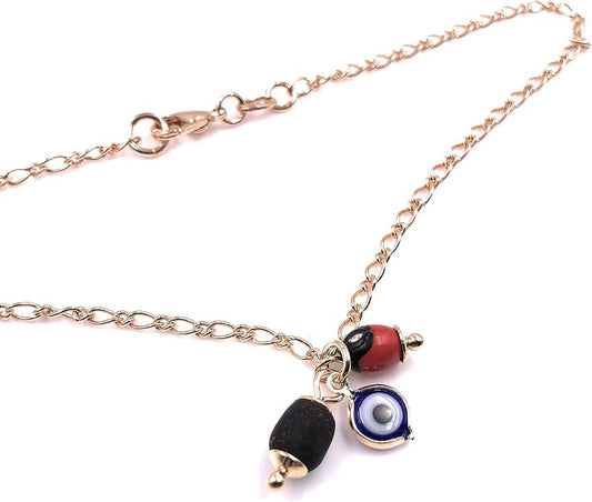 SIFRIMANIA Anklets for Women 18K Gold Plated Figaro Chain Jet Stone and Evil Eye Charm