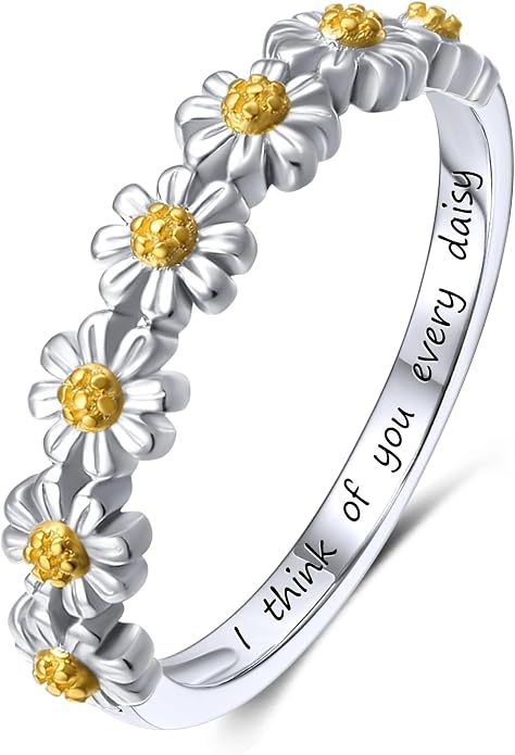 Dainty Daisy Ring for Women, S925 Sterling Silver Cubic Zirconia Sunflower Flower Ring For Daughter, I Think Of You Every Daisy Ring, Birthstone Flower Ring