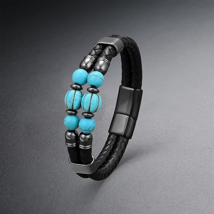 Mens Turquoise/Lapis Lazuli/Tiger Eye/Black Agate/Obsidian Leather Braided Bracelets for Father's Day/Birthdays/Graduation Jewelry Wristband Cuff Bracelet with Stainless Steel Clasp