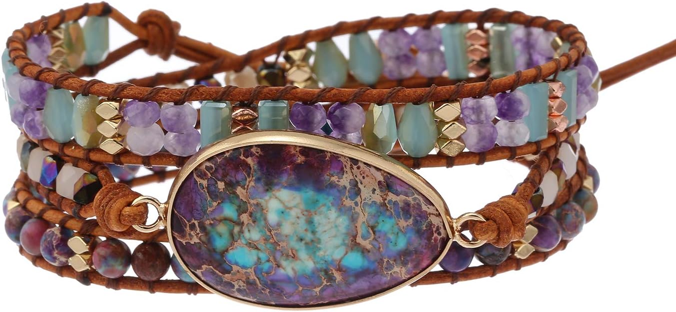 Plumiss Women Boho Handmade Natural Stone Crystal Leather Bead Wrap Bracelets Collection
