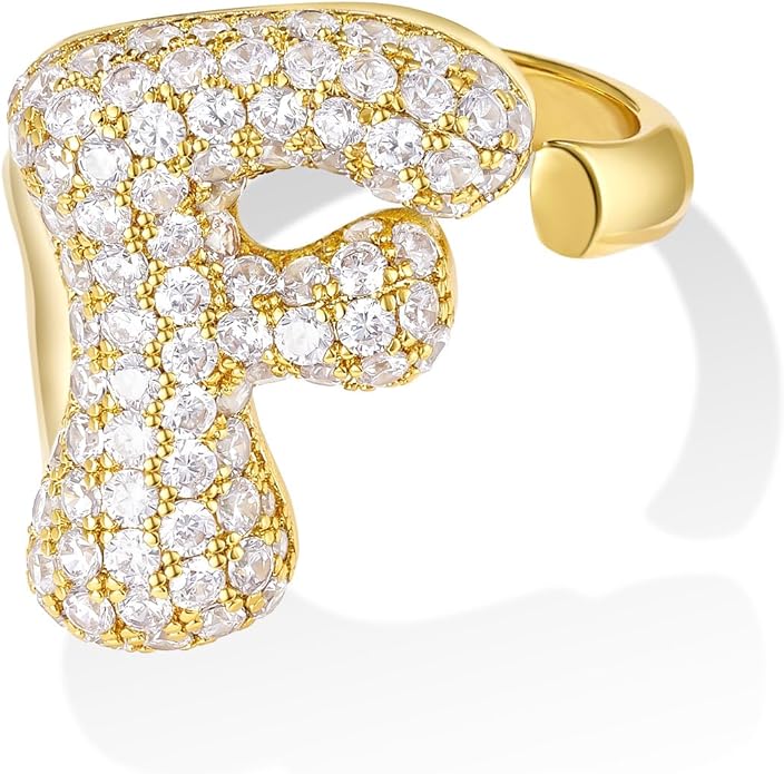 KissYan Bubble Initial Ring for Women, 14K Gold Plate Balloon Jumbo Letter Rings Open Adjustable Dainty Pave CZ Personalized Fashion Jewelry Gift for Mother's Day