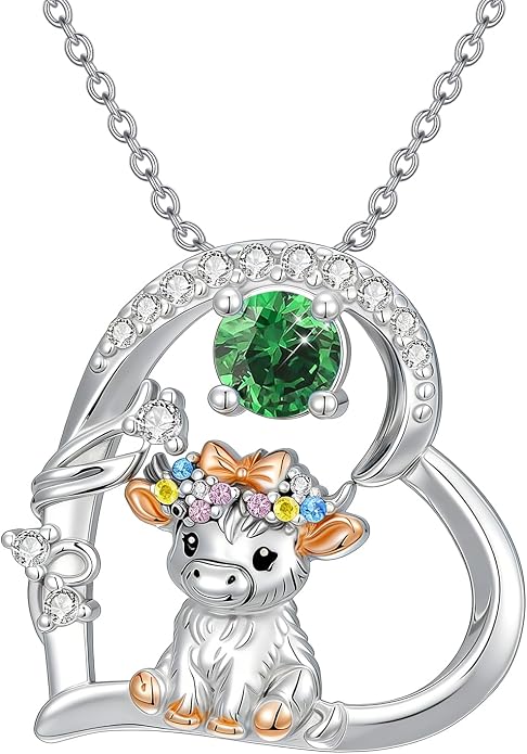 Highland Cow Gifts for Women 925 Sterling Silver Highland Cow Birthstone Necklace Fluffy Cow Jewelry Gifts Birthday Christmas