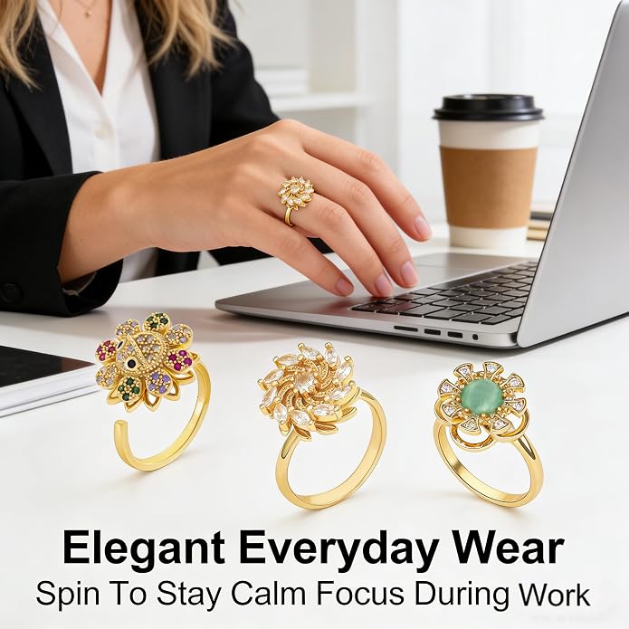 Anxiety Rings for Women, Adjustable Fidget Spinner Rings, 18K Gold Plated Rotating Rings with Cubic Zirconia Butterfly Sunflower Design, Stress Relief Jewelry for Women