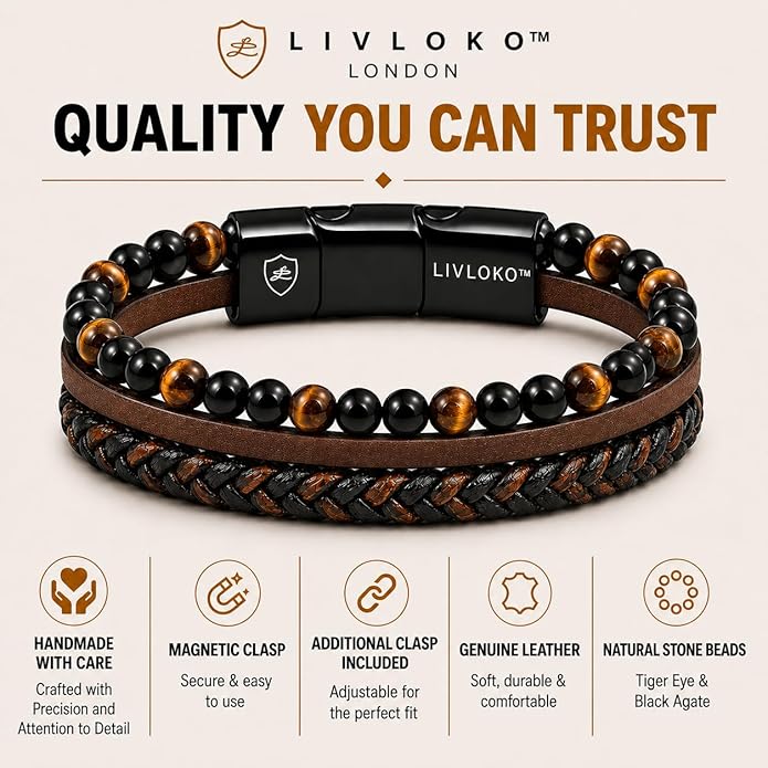 LONDON Mens Bracelet Leather Black Multi-Layer Stone Beads Adjustable Steel Clasp Viking Rope Bands Surfer Man Wristband Male UK Jewellery Gift box Boyfriend Dad Son Brother Tiger Eye