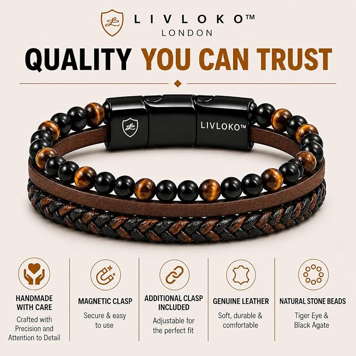 LONDON Mens Bracelet Leather Black Multi-Layer Stone Beads Adjustable Steel Clasp Viking Rope Bands Surfer Man Wristband Male UK Jewellery Gift box Boyfriend Dad Son Brother Tiger Eye