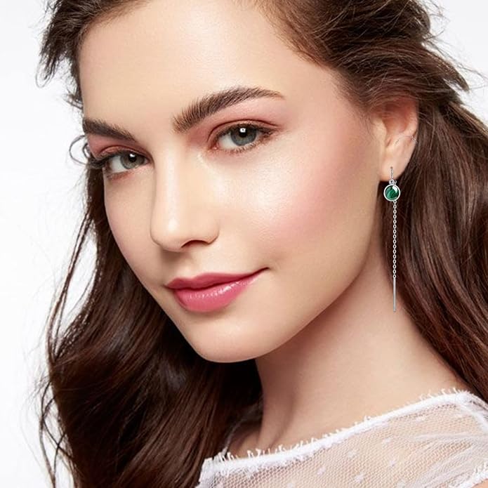 Woman Tassel Earrings Sterling Silver Gemstone Drop Earrings Long Chain Ear Line