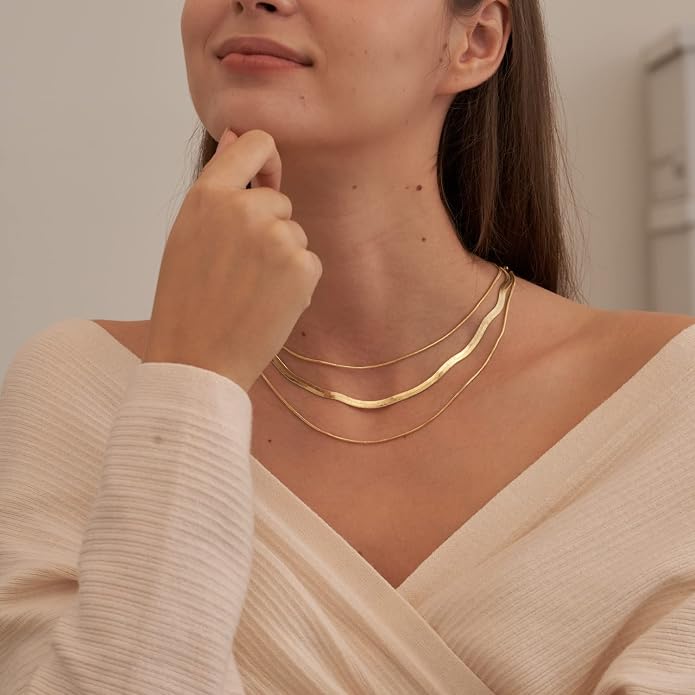 CHESKY 14K Gold/Silver Plated Snake Chain Necklace Herringbone Necklace Gold Choker Necklaces for Women Gifts Jewelry 1.5/3/5MM(W) 14"/16"(L) Mothers Day Gifts for Mom