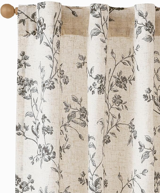jinchan Black Floral Linen Curtains 84 Inch Farmhouse Back Tab 2 Panels | Flower patterned drapes, french country, printed, privacy, light filtering, bedroom, living room, dining room, home decor