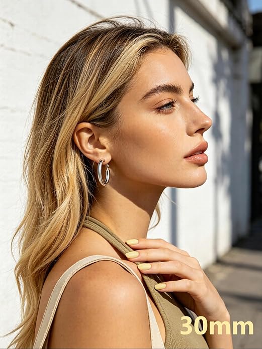 Bestyle 5mm Thick Gold Hoop Earrings Hypoallergenic Hoops for Sensitive Ears Trendy Lightweight Chunky Earrings for Women 30/40/60/80mm