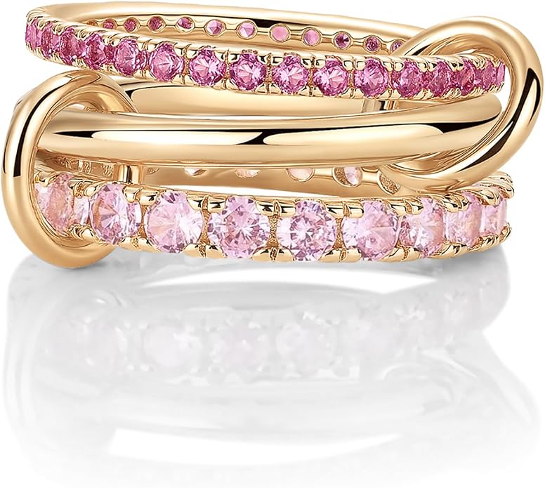 PAVOI 14K Gold Plated Interlocking Ring for Women - Chunky Connected Bands Interlock Stackable Rings for Women - Trendy Cubic Zirconia Two Tone Interlocked Multi-Band Statement Jewelry