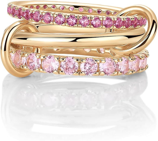 PAVOI 14K Gold Plated Interlocking Ring for Women - Chunky Connected Bands Interlock Stackable Rings for Women - Trendy Cubic Zirconia Two Tone Interlocked Multi-Band Statement Jewelry