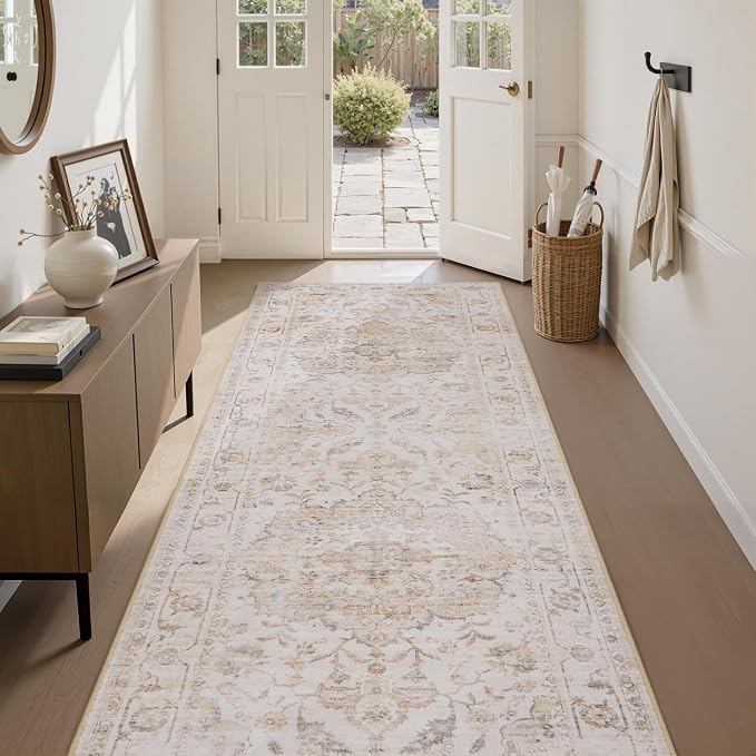 PADOOR 2X10 Runner Rug,Runners for Hallways,Soft Beige Washable Bedside Rugs for Bedroom,Non Slip Long Rug for Hallways Entryway Laundry Room Stair Kitchen Bathroom