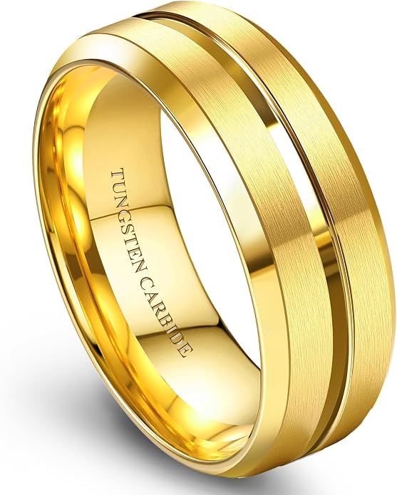 Jstyle Tungsten Wedding Rings for Men Black/Silver/Gold Mens Wedding Band 8MM Mens Engagement Rings Groove Beveled Edges High Polish/Matte Finish Men's Promise Ring Comfort Fit Size 7-14