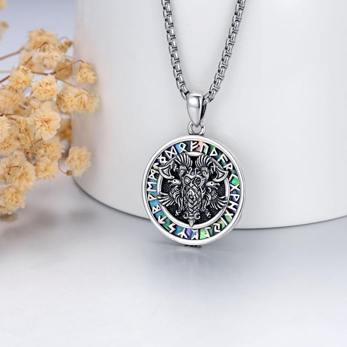 Viking Necklace for Men S925 Sterling Silver Odin/Troll Cross/Compass/Raven/Valknut/Axe Rune Amulet Necklace Norse Jewelry for Christmas Birthday